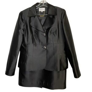 Lily & Taylor Vintage Black Silk Wool Skirt Suit Rhinestone Buttons 12 USA